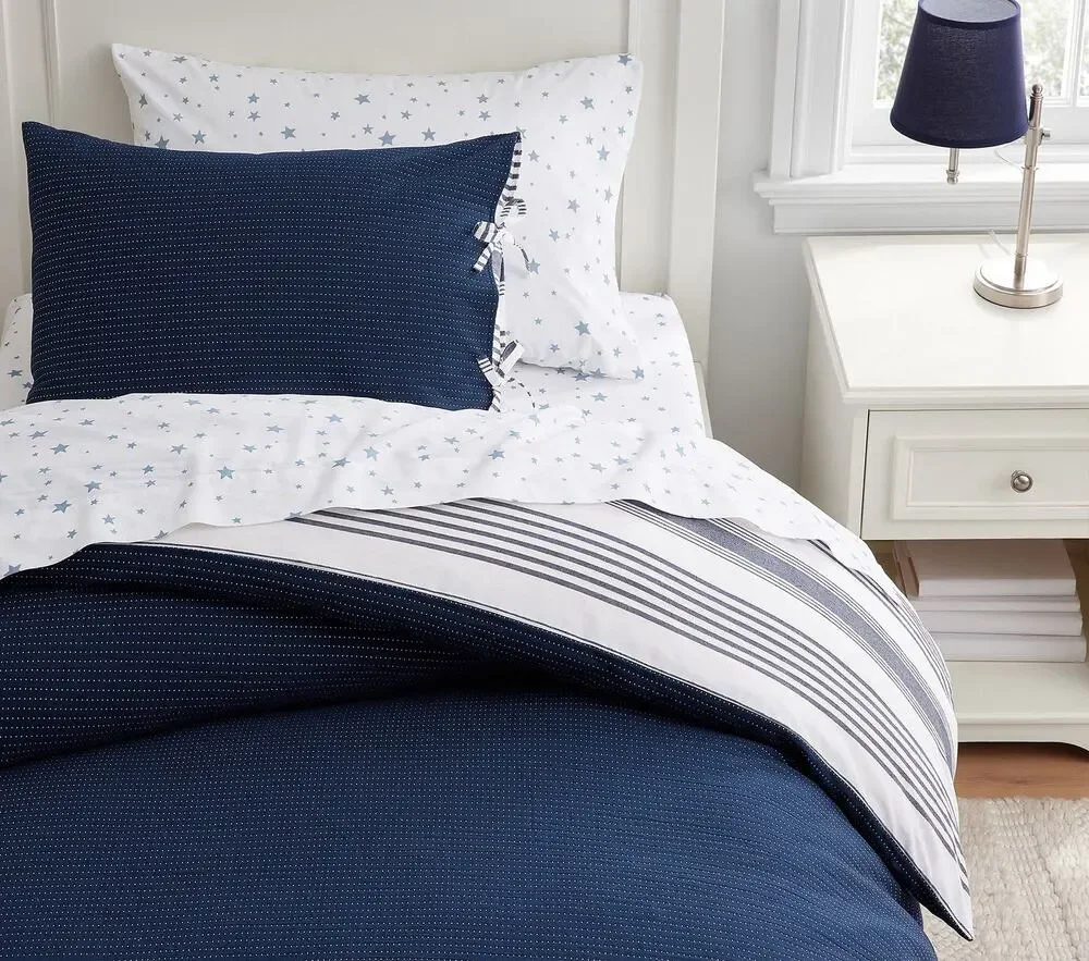 Pottery Barn Kids matelasse duvet cover navy blue white striped twin bedding